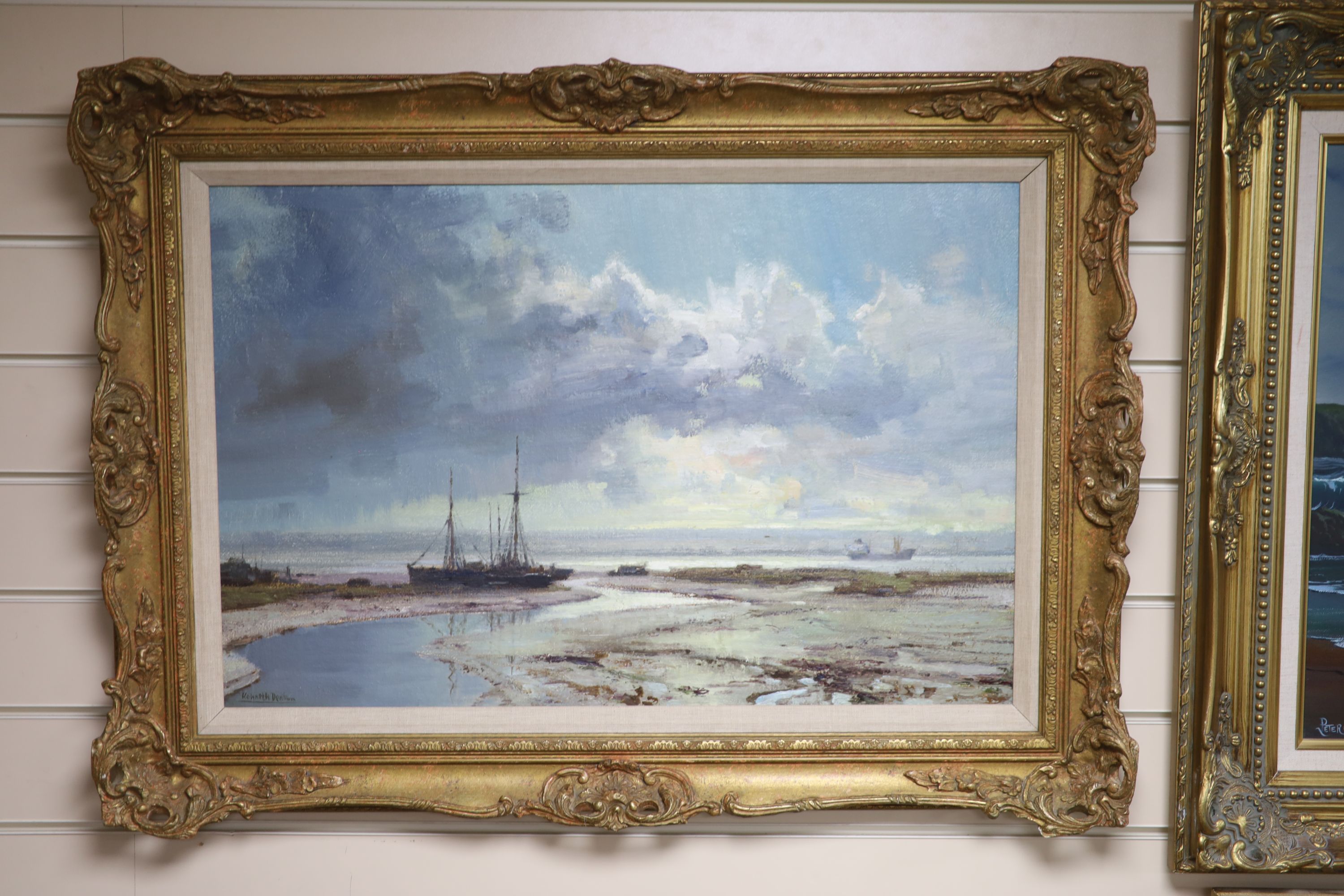 Kenneth Denton (1932-), oil on board, Winter afternoon, River Medway, signed with Stacy Marks label verso, 44 x 67cm